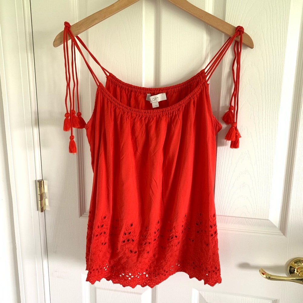 LOFT Red Tassel Strap Eyelet Tank Top
